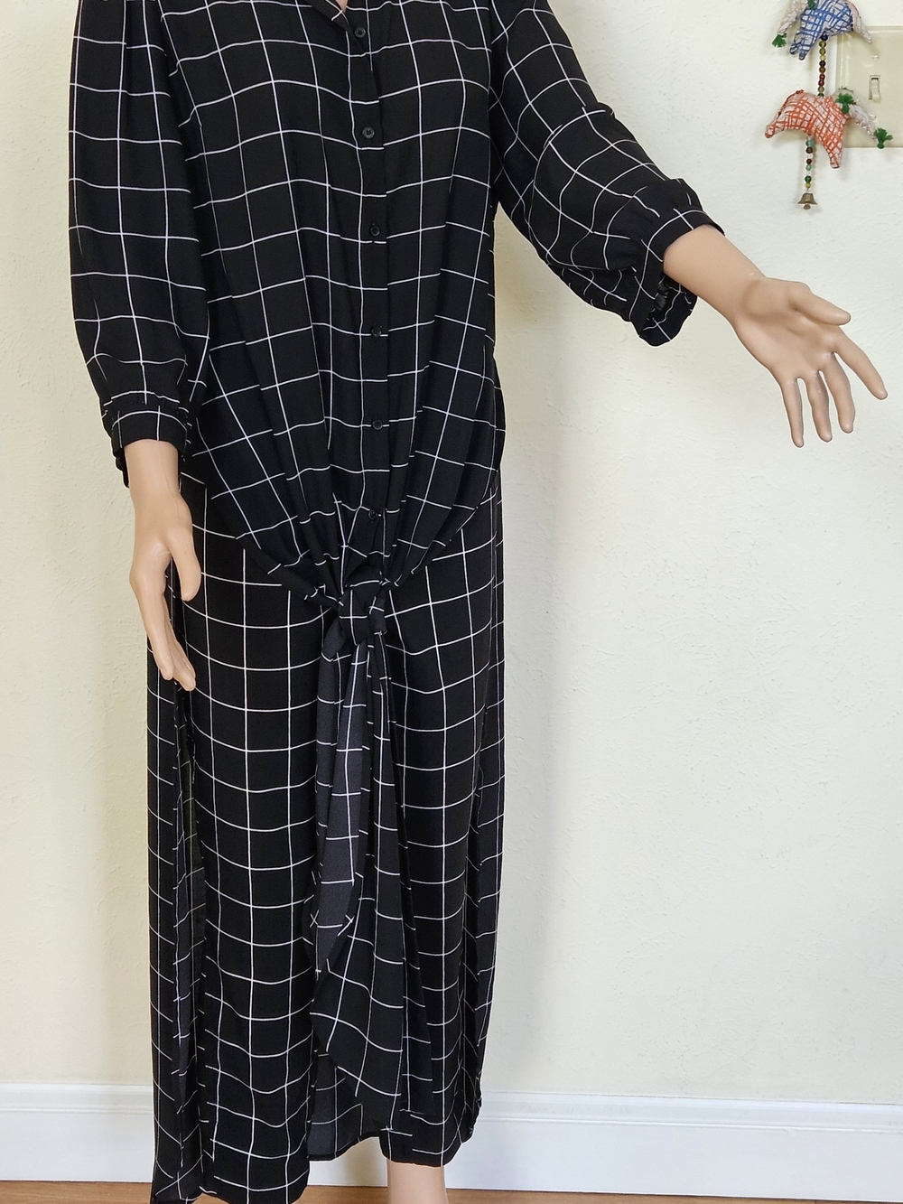 Black Windowpane Outfit with Tie-Front Maxi Blouse & A- Line Pants